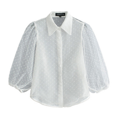 Елегантна риза от тюл с 7/8 ръкав в бял цвят