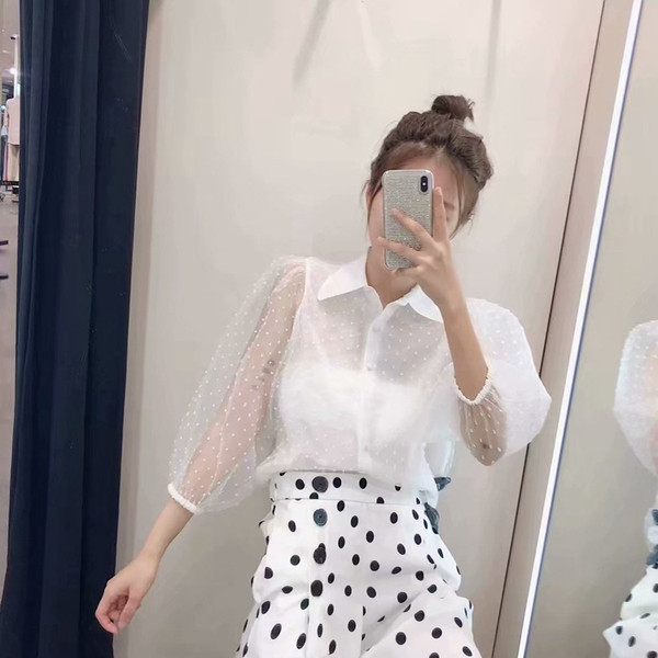 Елегантна риза от тюл с 7/8 ръкав в бял цвят