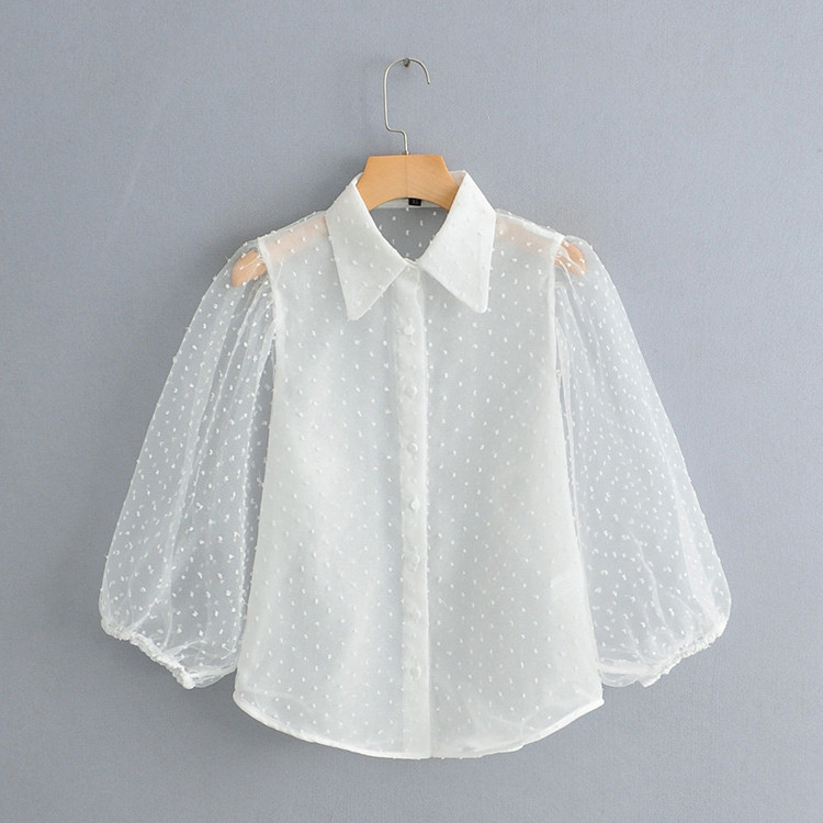 Елегантна риза от тюл с 7/8 ръкав в бял цвят