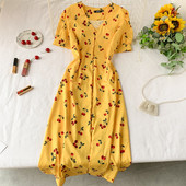 Ежедневна дамска дълга рокля в жълт цвят и къс ръкав