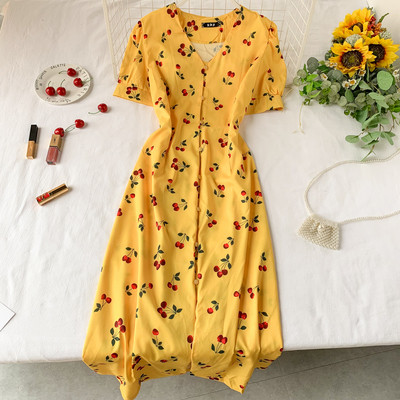 Ежедневна дамска дълга рокля в жълт цвят и къс ръкав