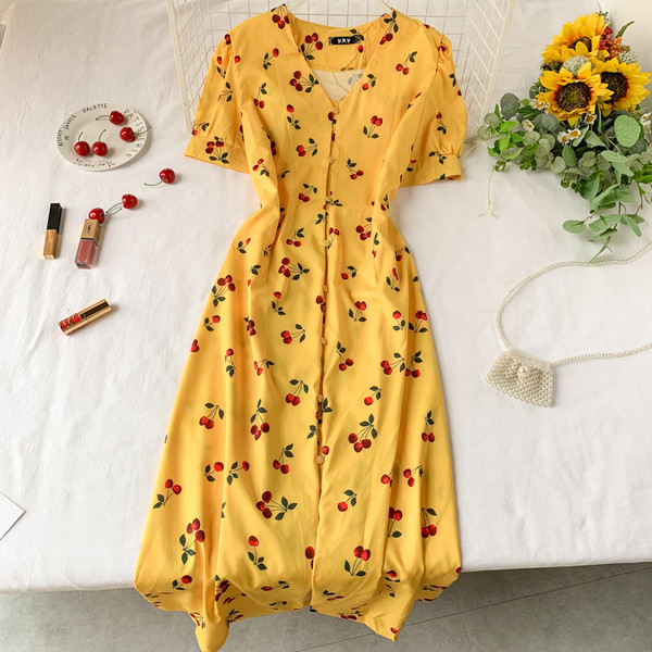 Ежедневна дамска дълга рокля в жълт цвят и къс ръкав