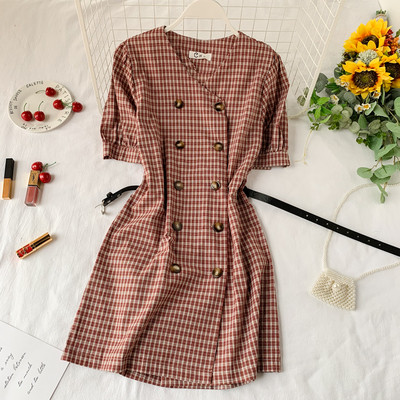 Ежедневна дамска карирана рокля с къс ръкав и копчета в два цвята