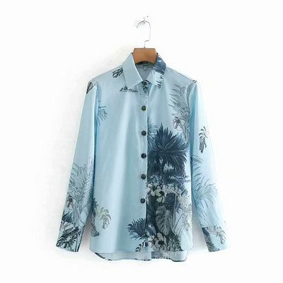 Cămașă casual cu mâneci lungi, cu model albastru și floral