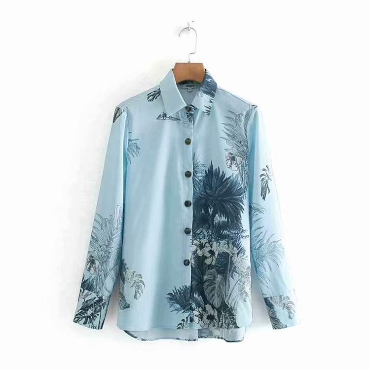 Cămașă casual cu mâneci lungi, cu model albastru și floral