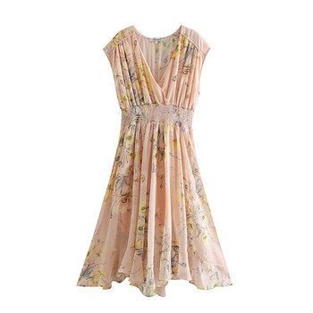 Дамска рокля от шифон с ластик на талията с флорален десен