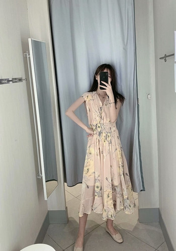 Дамска рокля от шифон с ластик на талията с флорален десен