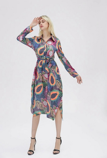 Rochie de dama multicolora cu maneci lungi si cravate in talie