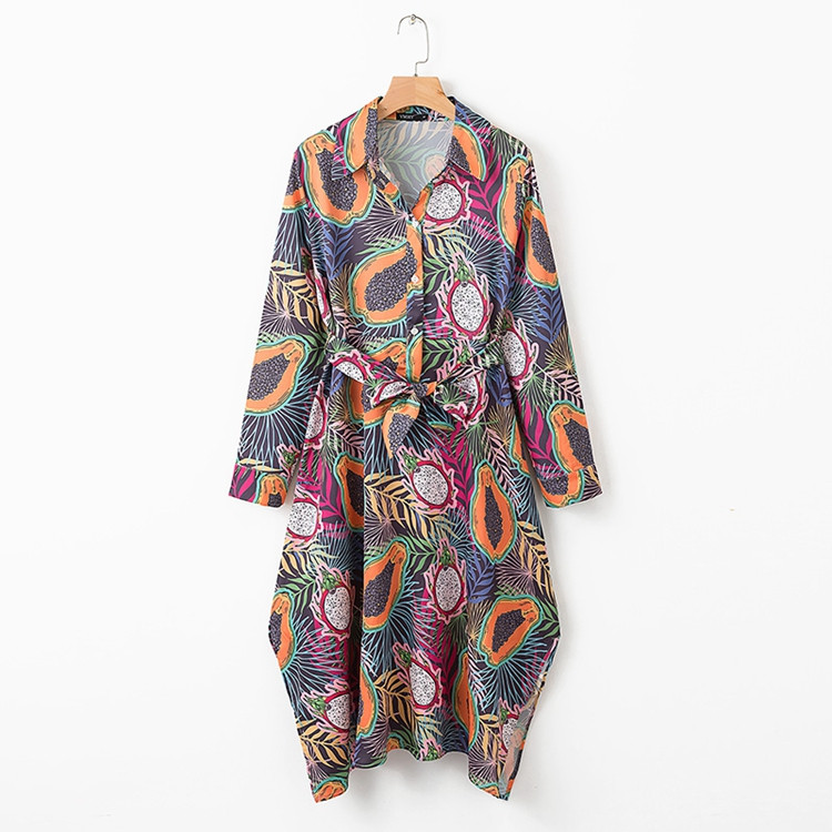 Rochie de dama multicolora cu maneci lungi si cravate in talie