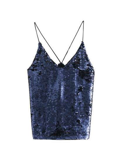 Top elegant cu bretele subțiri și paiete albastre