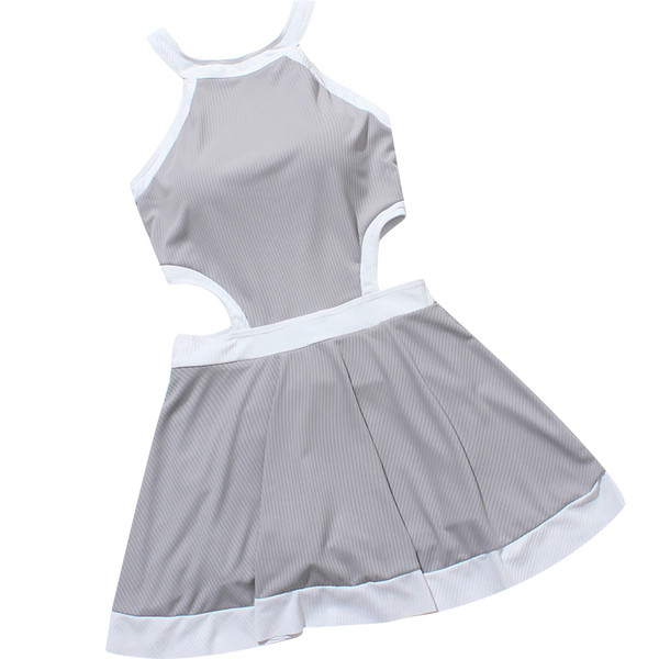 Модерна дамска рокля с изрязани части в розов и сив цвят