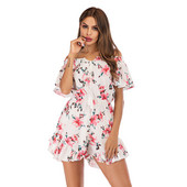 Ежедневен дамски гащеризон с връзки и флорален мотив в бял цвят