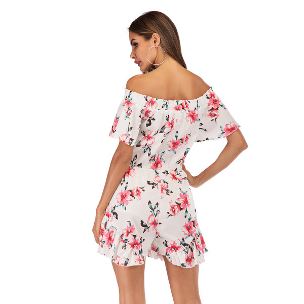 Ежедневен дамски гащеризон с връзки и флорален мотив в бял цвят