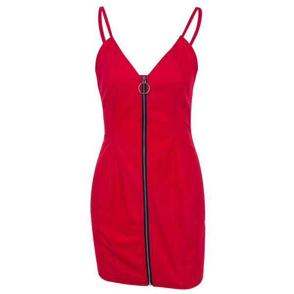 Rochie casual de dama cu bretele subtiri si fermoar in rosu