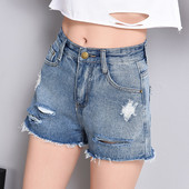 Blugi scurti casual de dama cu talie inalta si motiv rupt cu talie inalta