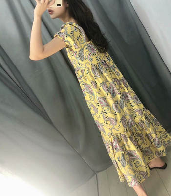 Rochie casual cu maneci scurte si nasturi pe toata lungimea in galben si model