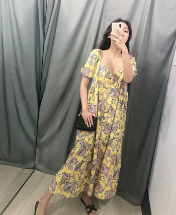 Rochie casual cu maneci scurte si nasturi pe toata lungimea in galben si model