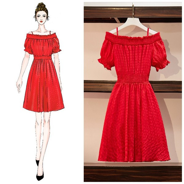 Rochie elegantă de damă, cu mâneci scurte, de culoare roșie