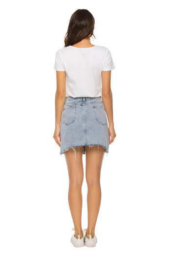 Fusta casual dama din denim cu talie inalta si pietre