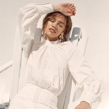 Rochie elegantă de damă, cu decolteu în formă de O și mâneci lungi, în alb