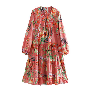 Rochie lejeră cu legături la gât și mâneci lungi cu model floral