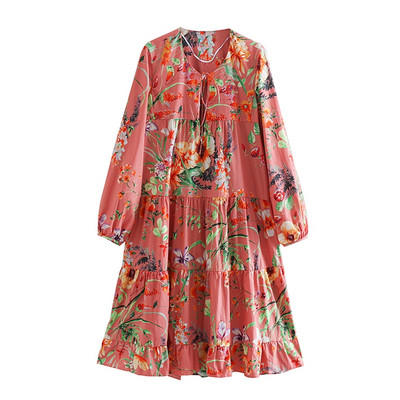 Rochie lejeră cu legături la gât și mâneci lungi cu model floral