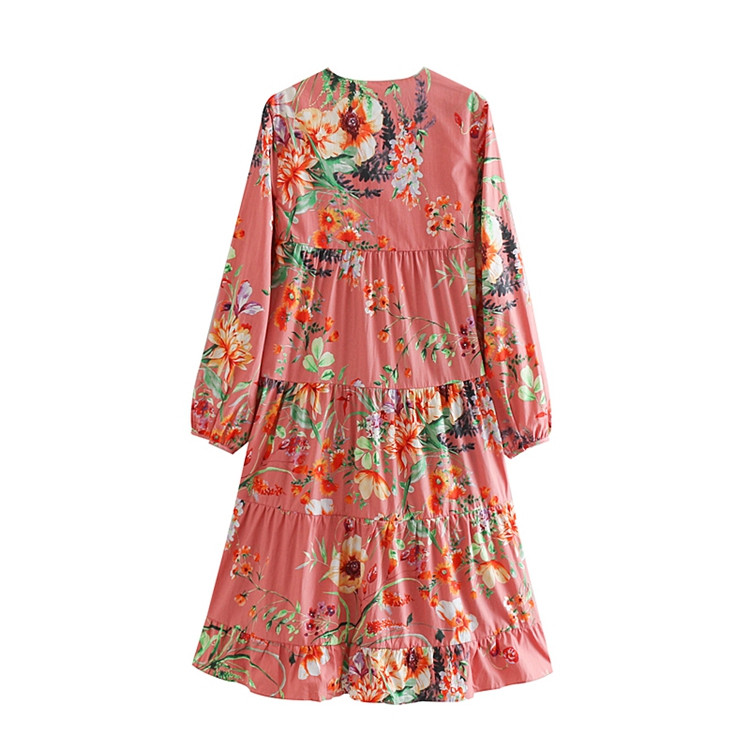 Rochie lejeră cu legături la gât și mâneci lungi cu model floral