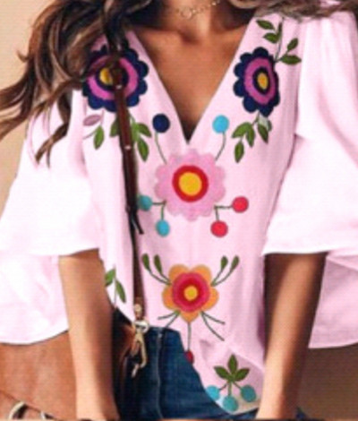 Bluză casual de damă în trei culori cu broderie și mâneci lotus