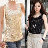 Maieu modern de damă cu bretele largi și paiete în negru, auriu și argintiu