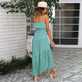 Rochie casual de dama lunga in albastru si rosu cu bretele subtiri