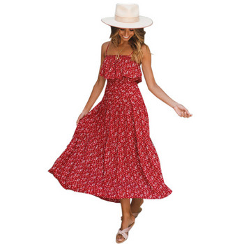 Rochie casual de dama lunga in albastru si rosu cu bretele subtiri