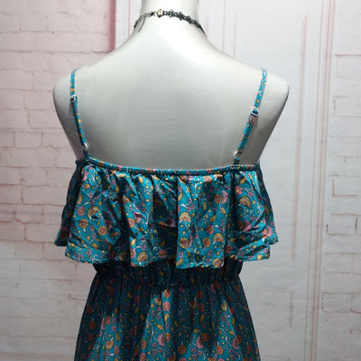 Rochie casual de dama lunga in albastru si rosu cu bretele subtiri