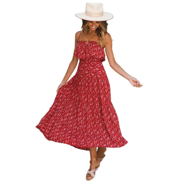 Rochie casual de dama lunga in albastru si rosu cu bretele subtiri