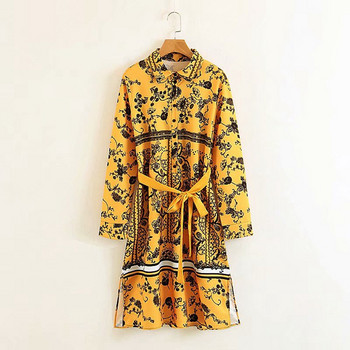 Rochie casual de damă, cu legături în talie și mâneci lungi suflate