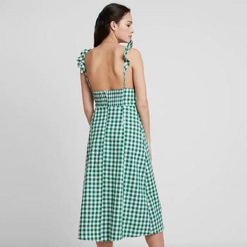 Карирана дамска рокля разкроен модел в зелен цвят