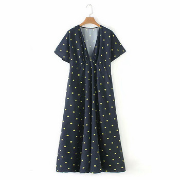 Дамска рокля с V - образно деколте и къс ръкав в син цвят на точки