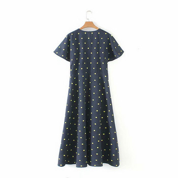 Дамска рокля с V - образно деколте и къс ръкав в син цвят на точки