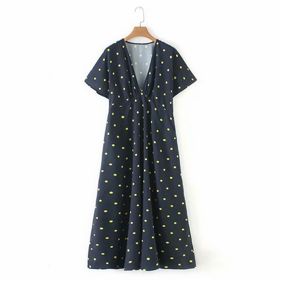 Дамска рокля с V - образно деколте и къс ръкав в син цвят на точки