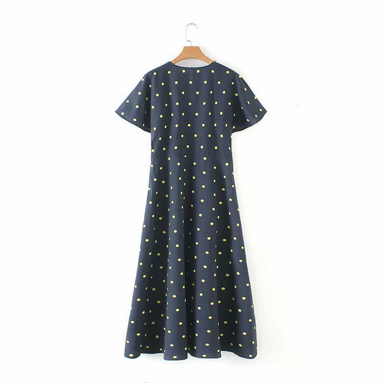 Дамска рокля с V - образно деколте и къс ръкав в син цвят на точки