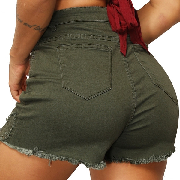 Pantaloni scurți moderni de damă cu motive rupte și talie înaltă în negru și verde