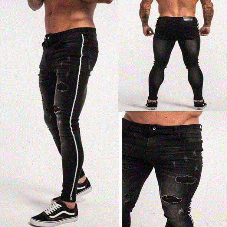 Blugi casual barbatesti cu motive rupte si fermoar negru