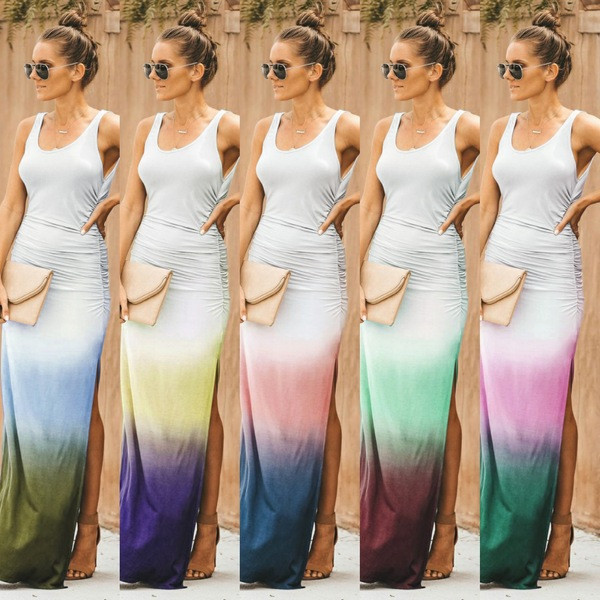 Rochie casual de dama lunga cu fanta de culoare irizata