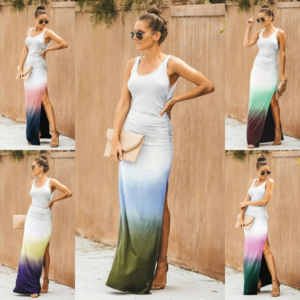 Rochie casual de dama lunga cu fanta de culoare irizata