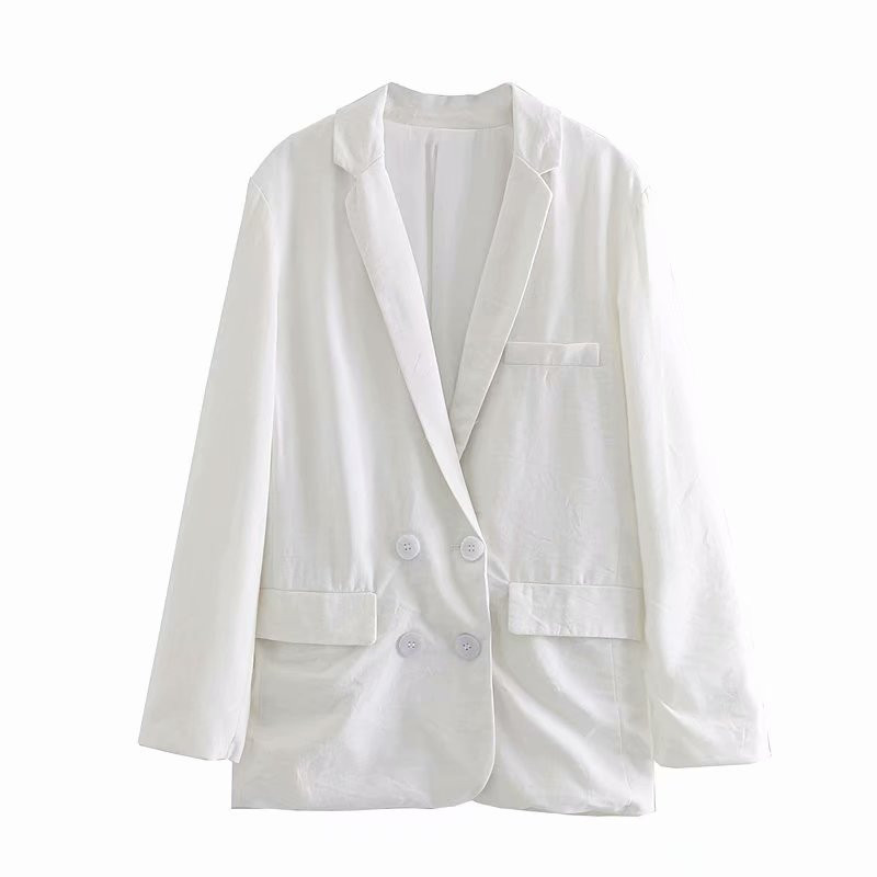 Дамско сако с двуредно закопчаване и дълъг ръкав в бял цвят