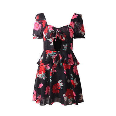 Модерна дамска рокля с къс ръкав и панделка с флорален десен