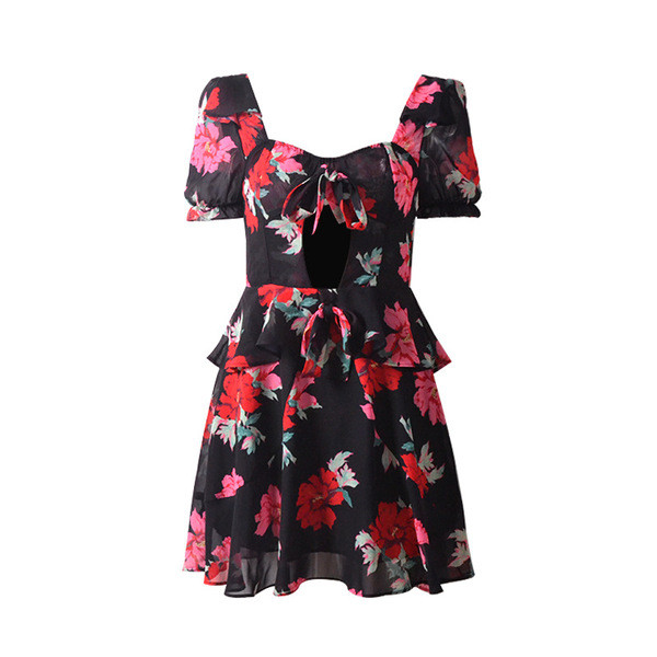 Модерна дамска рокля с къс ръкав и панделка с флорален десен