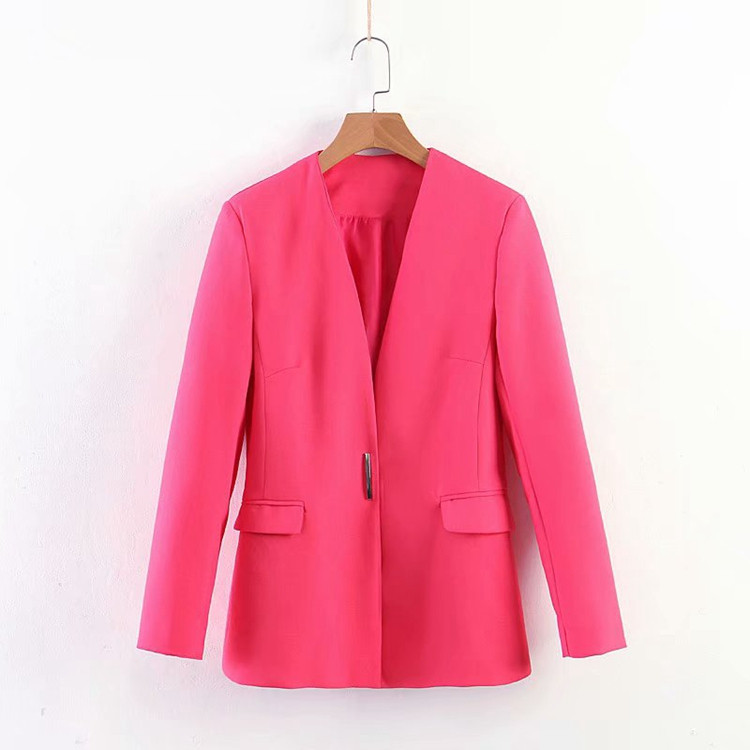 Елегантно дамско сако с метална закопчалка и джобове в розов цвят