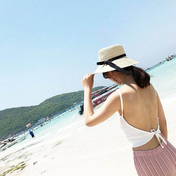 Női strandkalap három színben, szalaggal