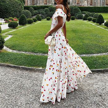 Modern női hosszú ruha, csupasz váll és virágmintás