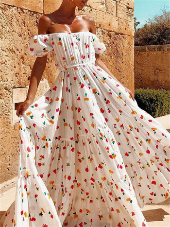 Modern női hosszú ruha, csupasz váll és virágmintás